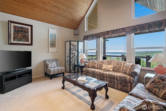 14647 NW Honeyhill Loop, Seabeck, WA 98380 - carpeted living area with high vaulted ceiling, wood ceiling, and baseboards