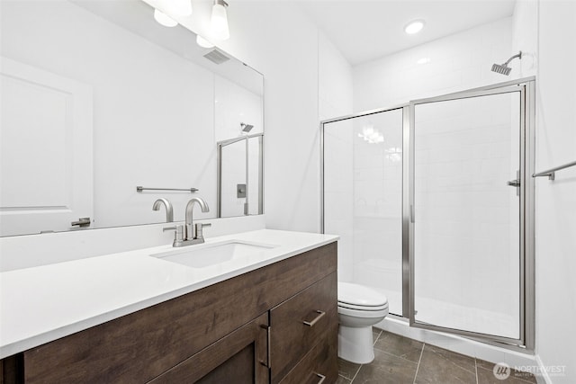 15612 210th Ave E Unit 313, Bonney Lake, WA 98391 - bathroom with toilet, vanity, a stall shower, and recessed lighting