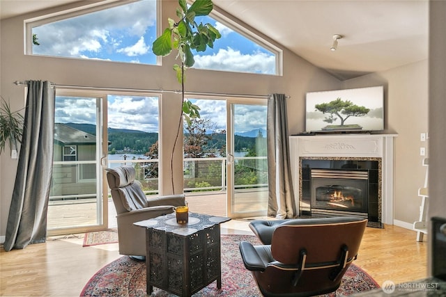 1402 E Lake Dr, Bremerton, WA 98312 - living area with wood finished floors, a glass covered fireplace, vaulted ceiling, and a mountain view