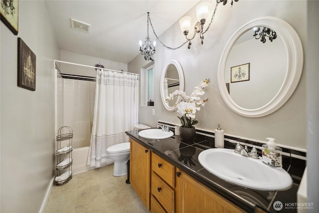 1402 E Lake Dr, Bremerton, WA 98312 - full bathroom featuring double vanity, shower / bath combo, toilet, baseboards, and tile patterned floors