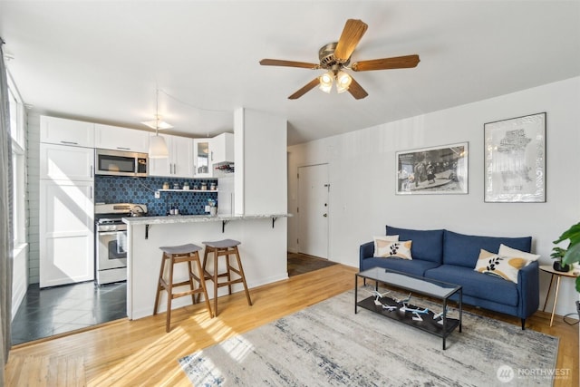 22 John St Unit 10, Seattle, WA 98109 - living room featuring a ceiling fan and light wood finished floors