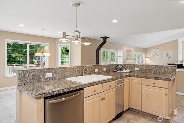 211 Greenview Ln, Port Ludlow, WA 98365 - kitchen with dishwasher, tile countertops, a sink, light brown cabinetry, and recessed lighting