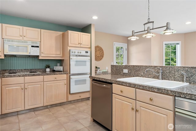 211 Greenview Ln, Port Ludlow, WA 98365 - kitchen featuring white appliances, light brown cabinets, a sink, tile countertops, and recessed lighting