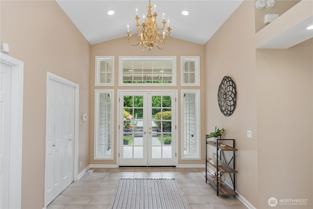 211 Greenview Ln, Port Ludlow, WA 98365 - entryway featuring a chandelier, baseboards, french doors, high vaulted ceiling, and tile patterned floors
