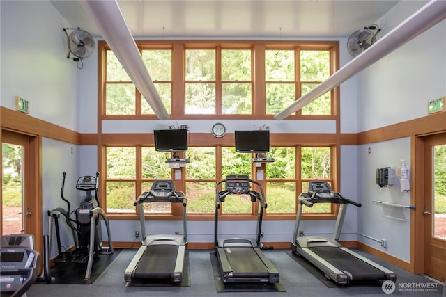 211 Greenview Ln, Port Ludlow, WA 98365 - gym with a towering ceiling and baseboards