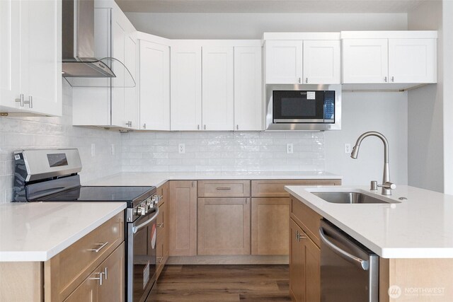 4223 W Sandy Ct, Moses Lake, WA 98837 - kitchen with appliances with stainless steel finishes, a sink, wall chimney range hood, dark wood-type flooring, and light countertops