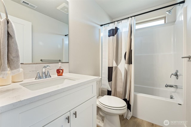 4208 W Sandy Ct, Moses Lake, WA 98837 - full bathroom with vanity, shower / bathtub combination with curtain, and wood finished floors