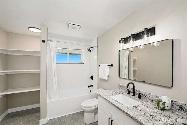 3020 Alpine Dr, Bellingham, WA 98226 - full bath featuring shower / bath combination with curtain, vanity, toilet, and tile patterned flooring