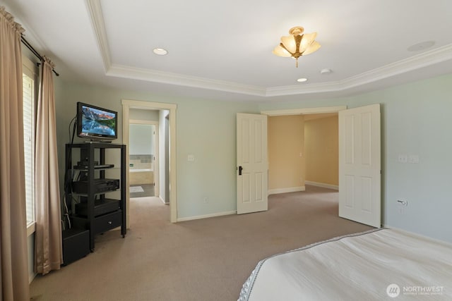 27 148th Pl SW, Lynnwood, WA 98087 - unfurnished bedroom featuring a tray ceiling, crown molding, light colored carpet, baseboards, and recessed lighting