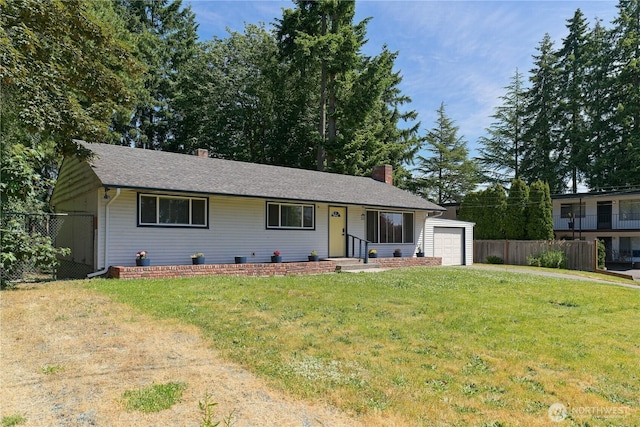 7519 221st Pl SW, Edmonds, WA 98026 - ranch-style house featuring a chimney, a garage, a shingled roof, and driveway