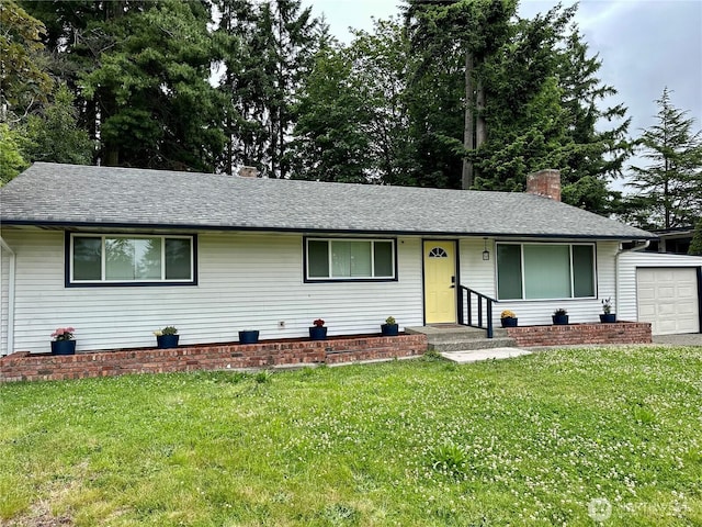 7519 221st Pl SW, Edmonds, WA 98026 - ranch-style house with a chimney, a front lawn, roof with shingles, and an attached garage