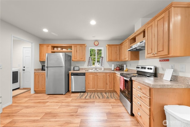 8450 Hazel Ct, Maple Falls, WA 98266 - kitchen featuring stainless steel appliances, under cabinet range hood, open shelves, light brown cabinetry, and recessed lighting