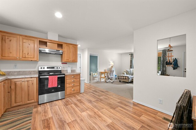 8450 Hazel Ct, Maple Falls, WA 98266 - kitchen with electric stove, under cabinet range hood, light wood-type flooring, light countertops, and recessed lighting