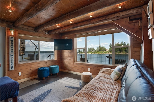 270 E Grapeview Point Rd, Allyn, WA 98524 - living room featuring wooden ceiling with exposed beams, wood finished floors, wood walls, and baseboards