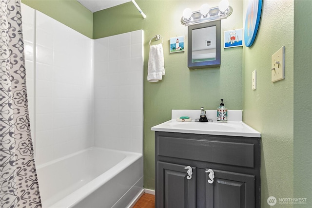 7005 Helweg Ln, Blaine, WA 98230 - full bathroom featuring shower / bathtub combination with curtain, vanity, and wood finished floors