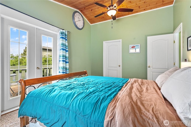 7005 Helweg Ln, Blaine, WA 98230 - bedroom featuring wooden ceiling, access to exterior, lofted ceiling, french doors, and a ceiling fan