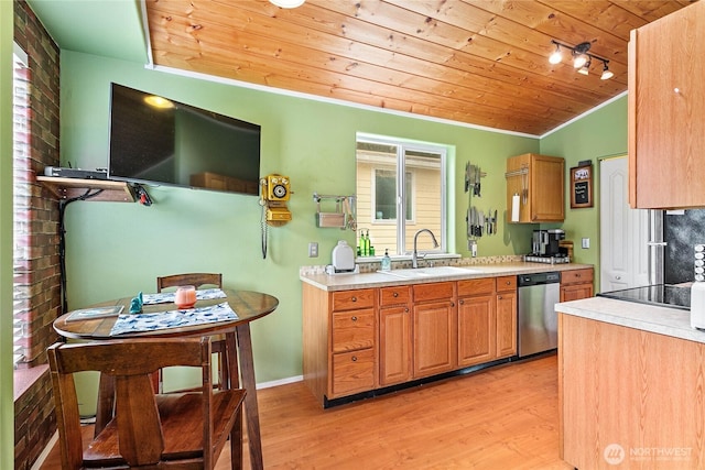 7005 Helweg Ln, Blaine, WA 98230 - kitchen featuring dishwasher, a sink, wooden ceiling, light wood-style floors, and light countertops