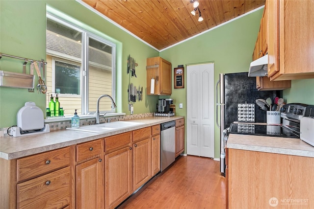 7005 Helweg Ln, Blaine, WA 98230 - kitchen featuring a sink, dishwasher, under cabinet range hood, light countertops, and wood ceiling