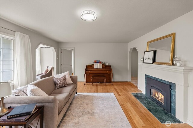4680 State Route 6, Chehalis, WA 98532 - living room with arched walkways, light wood-type flooring, and a premium fireplace