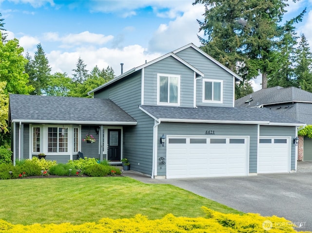 4421 166th Ave E, Lake Tapps, WA 98391 - view of front of house featuring a front lawn, asphalt driveway, roof with shingles, and an attached garage