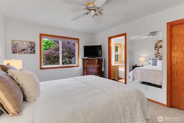 4421 166th Ave E, Lake Tapps, WA 98391 - bedroom with carpet flooring, baseboards, ceiling fan, and ensuite bath