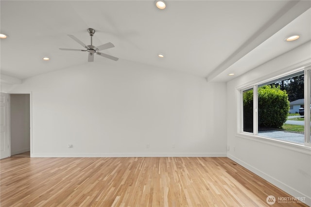 26908 NE Stewart St, Duvall, WA 98019 - empty room featuring recessed lighting, light wood-style flooring, ceiling fan, baseboards, and lofted ceiling