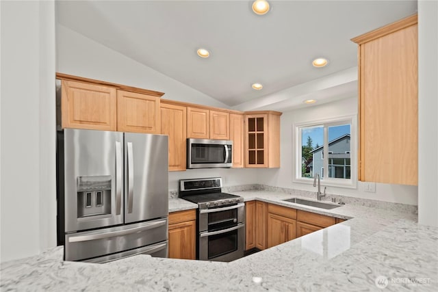 26908 NE Stewart St, Duvall, WA 98019 - kitchen featuring appliances with stainless steel finishes, a sink, vaulted ceiling, recessed lighting, and glass insert cabinets