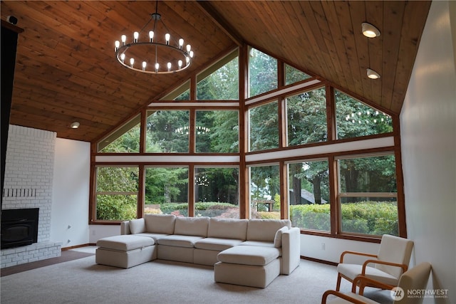 1360 Colchester Dr SE, Port Orchard, WA 98366 - carpeted living room with high vaulted ceiling, baseboards, wood ceiling, a chandelier, and recessed lighting