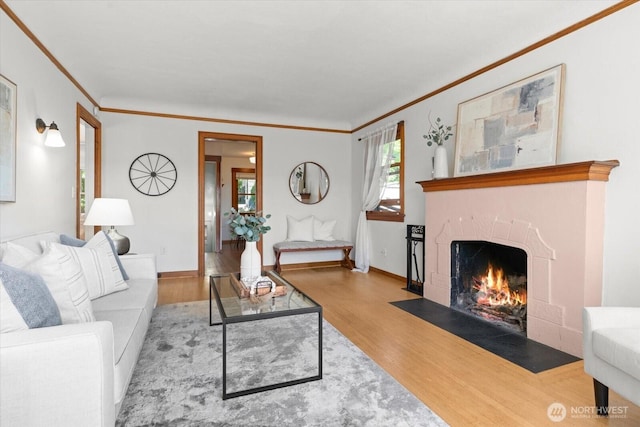 3526 Ashworth Ave N, Seattle, WA 98103 - living area with crown molding, wood finished floors, a fireplace with flush hearth, and baseboards