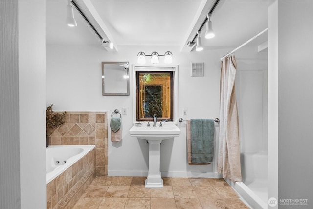 5617 236th Ave NE, Redmond, WA 98053 - bathroom with baseboards, a garden tub, a shower with shower curtain, and a sink