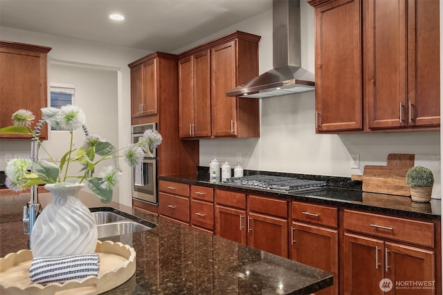 28616 NE 155th St, Duvall, WA 98019 - kitchen featuring wall chimney exhaust hood, appliances with stainless steel finishes, dark stone counters, and recessed lighting