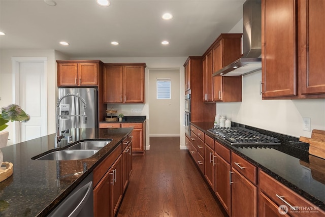 28616 NE 155th St, Duvall, WA 98019 - kitchen with wall chimney exhaust hood, a sink, appliances with stainless steel finishes, baseboards, and dark wood-style flooring