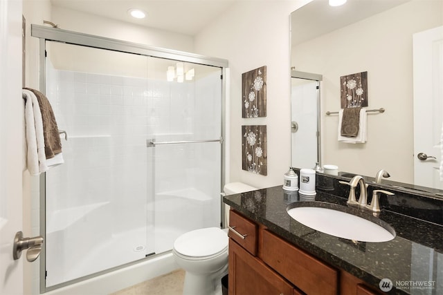 28616 NE 155th St, Duvall, WA 98019 - bathroom with a shower stall, vanity, toilet, and recessed lighting