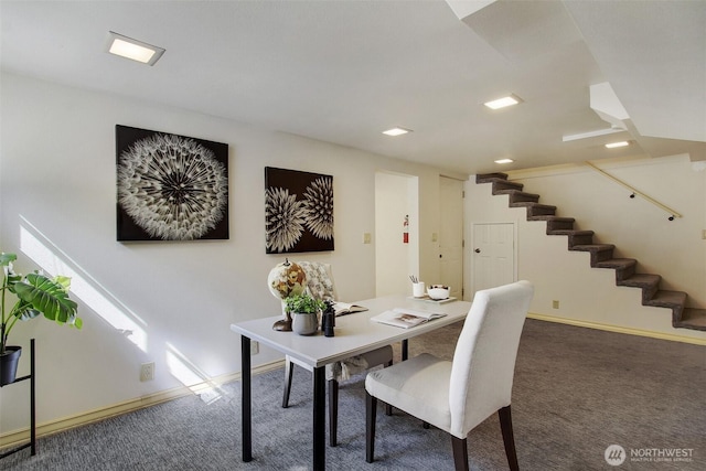 1635 46th Ave SW, Seattle, WA 98116 - dining space with carpet, stairway, baseboards, and recessed lighting