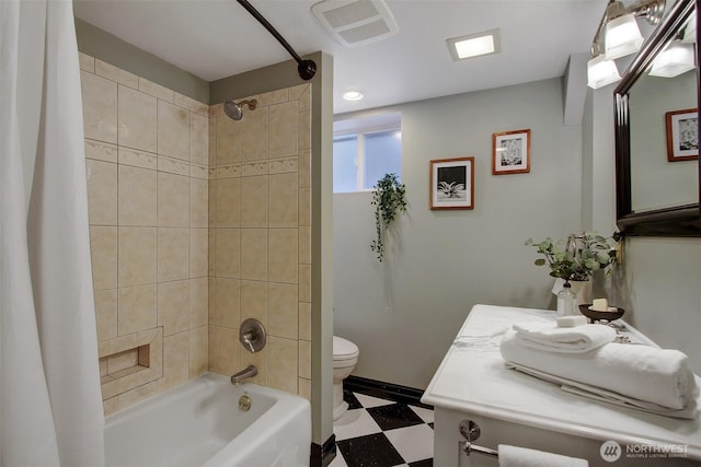 1635 46th Ave SW, Seattle, WA 98116 - bathroom featuring tile patterned floors, vanity, shower / bath combination with curtain, and toilet