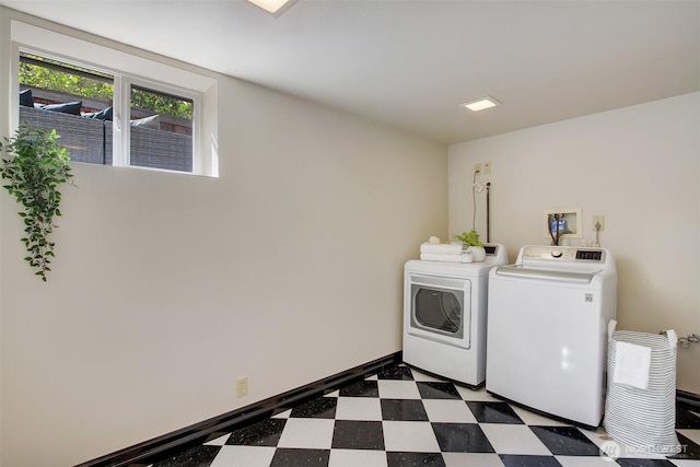 1635 46th Ave SW, Seattle, WA 98116 - laundry room featuring washer and dryer, tile patterned floors, and baseboards