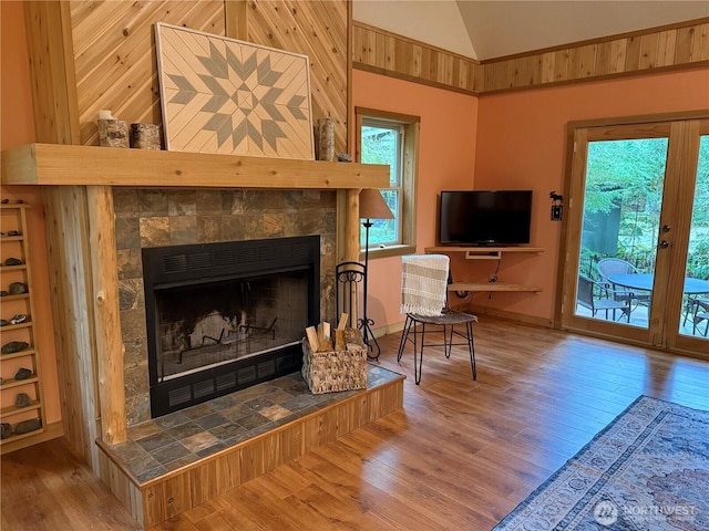 7480 Glacier Springs Dr, Deming, WA 98244 - detailed view of wood finished floors, a tiled fireplace, and wood walls