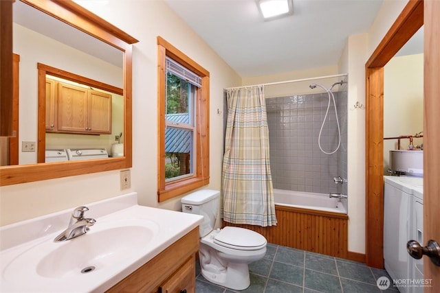 7480 Glacier Springs Dr, Deming, WA 98244 - bathroom with independent washer and dryer, toilet, shower / bath combination with curtain, vanity, and tile patterned floors