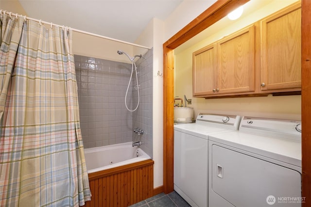 7480 Glacier Springs Dr, Deming, WA 98244 - full bath featuring tile patterned flooring, shower / bath combination with curtain, and washer and dryer