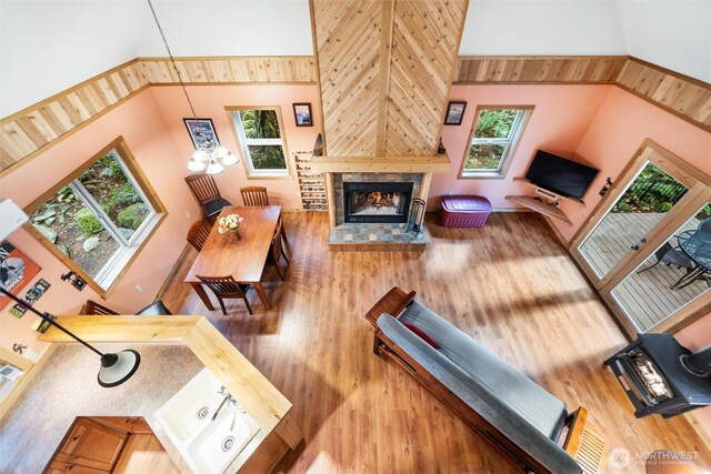 7480 Glacier Springs Dr, Deming, WA 98244 - living area with wood finished floors, a fireplace with raised hearth, and a high ceiling