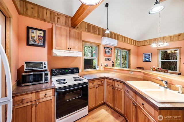 7480 Glacier Springs Dr, Deming, WA 98244 - kitchen featuring range with electric stovetop, stainless steel microwave, under cabinet range hood, a wall unit AC, and lofted ceiling