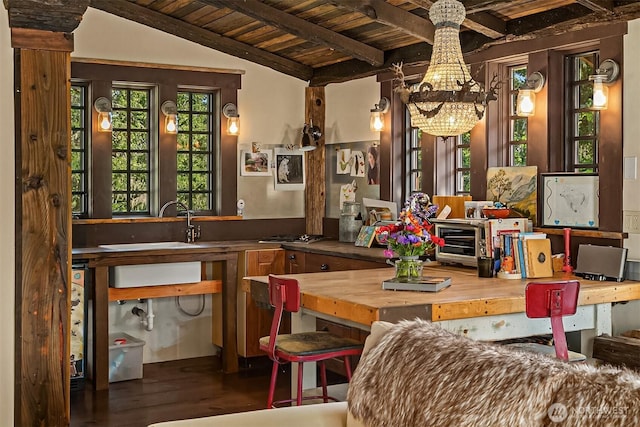 354 Nighthawk Ln, Orcas Island, WA 98279 - dining room featuring a chandelier, wood finished floors, and wood ceiling