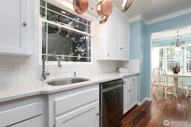 1701 W Yakima Ave, Yakima, WA 98902 - kitchen with dishwasher, a sink, white cabinets, dark wood finished floors, and crown molding