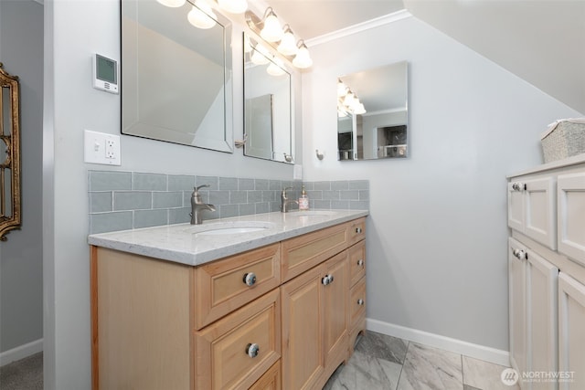 1701 W Yakima Ave, Yakima, WA 98902 - bathroom with double vanity, baseboards, tasteful backsplash, and marble look tiles