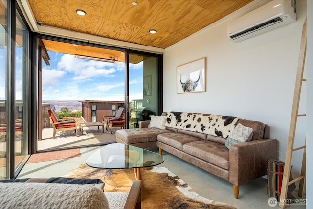 23692 Cliffe Pointe Rd NW Unit 6B, Quincy, WA 98848 - living area featuring a wall unit AC, expansive windows, wood ceiling, and recessed lighting