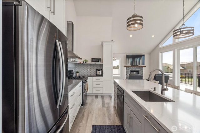1438 Ocean Crest Ave SW, Ocean Shores, WA 98569 - kitchen with stainless steel appliances, a sink, a fireplace, light wood-type flooring, and backsplash