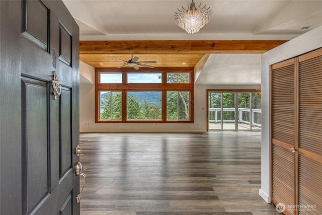 16 Village View Rd, Orcas Island, WA 98245 - entrance foyer with beamed ceiling, wood finished floors, and ceiling fan