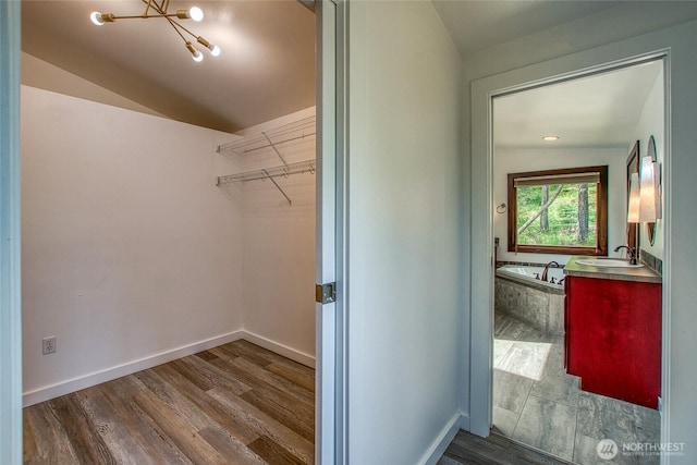 16 Village View Rd, Orcas Island, WA 98245 - walk in closet featuring a sink, dark wood-style flooring, a chandelier, and vaulted ceiling
