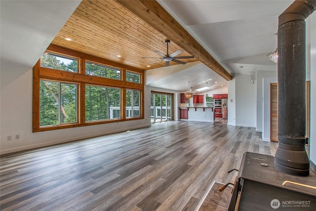 16 Village View Rd, Orcas Island, WA 98245 - unfurnished living room with a ceiling fan, wood finished floors, baseboards, recessed lighting, and wood ceiling