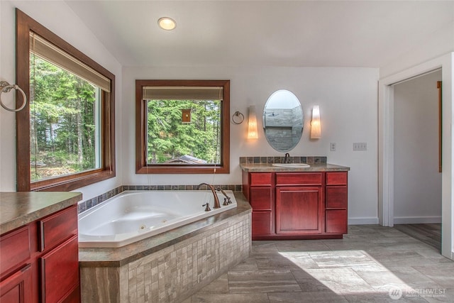 16 Village View Rd, Orcas Island, WA 98245 - full bathroom featuring vanity, a whirlpool tub, and recessed lighting